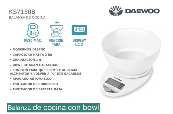 BALANZA DE COCINA DAEWOO DIGITAL CON BOWL KS7150B - Image 2