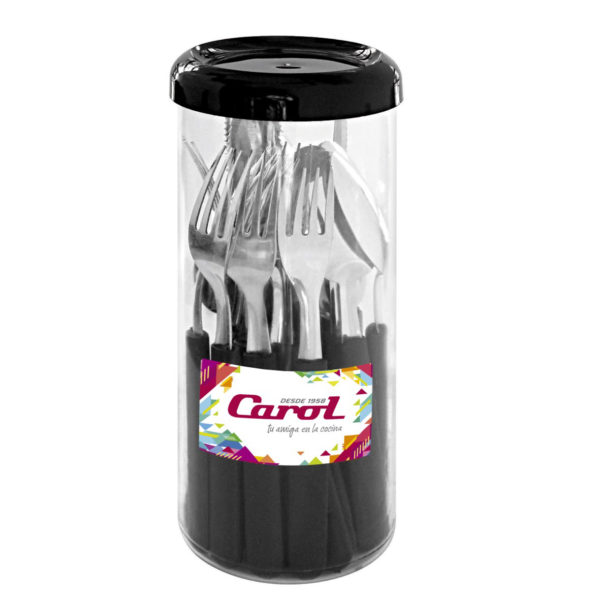 JUEGO DE CUBIERTOS PLASTICOS X 24 PIEZAS NEGRO EN FRASCO CAROL