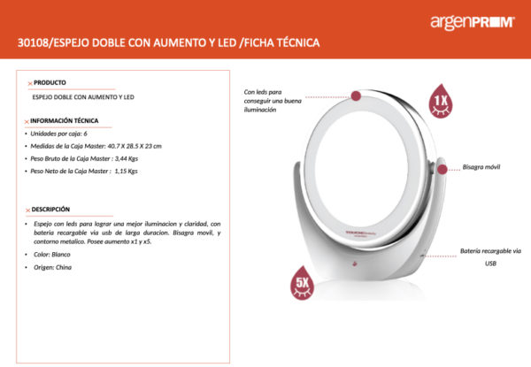 ESPEJO DOBLE CON AUMENTO Y LED con bateria recargable - Image 3