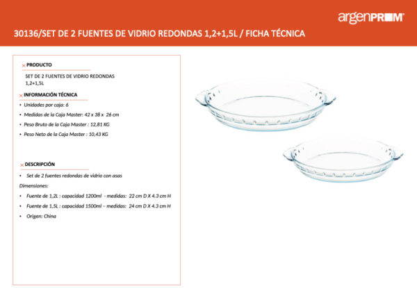 SET DE 2 FUENTES DE VIDRIO REDONDAS 1,2+1,5L - Image 2