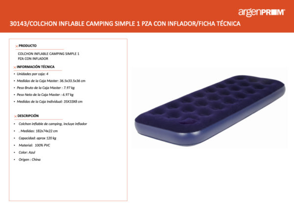 COLCHON INFLABLE CAMPING 1 PLAZA C/ INFLADOR INCOPORADO - Image 3