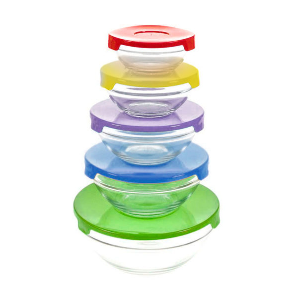 SET DE 5 BOWLS DE VIDRIO CON TAPA MULTICOLOR