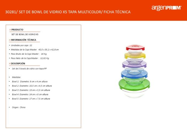 SET DE 5 BOWLS DE VIDRIO CON TAPA MULTICOLOR - Image 2