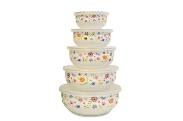 SET DE 5 BOWLS CON TAPA ESMALTADO BLANCO CON FLORES