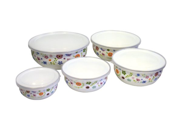 SET DE 5 BOWLS CON TAPA ESMALTADO BLANCO CON FLORES - Image 2