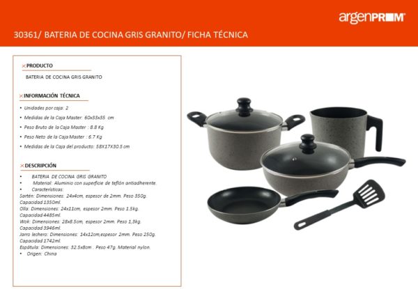 BATERIA DE COCINA GRIS GRANITO CON INTERIOR TEFLON NEGRO + ESPATULA - Image 2