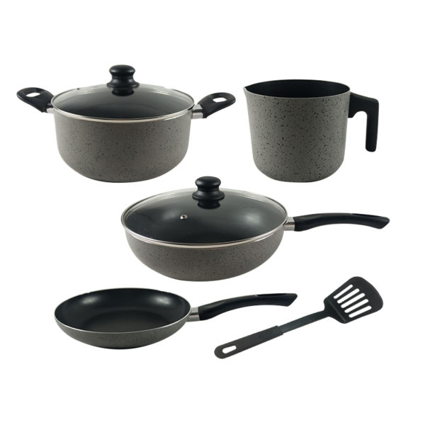 BATERIA DE COCINA GRIS GRANITO CON INTERIOR TEFLON NEGRO + ESPATULA