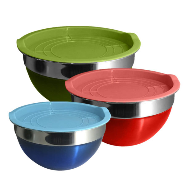 SET X TRES BOWLS DE ACERO INOXIDABLE CON TAPA COLOR