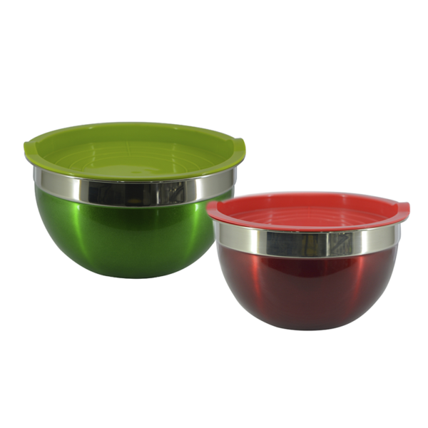 SET X 2 BOWLS DE ACERO INOXIDABLE CON TAPA 18 Y 20 CM ROJO Y VERDE