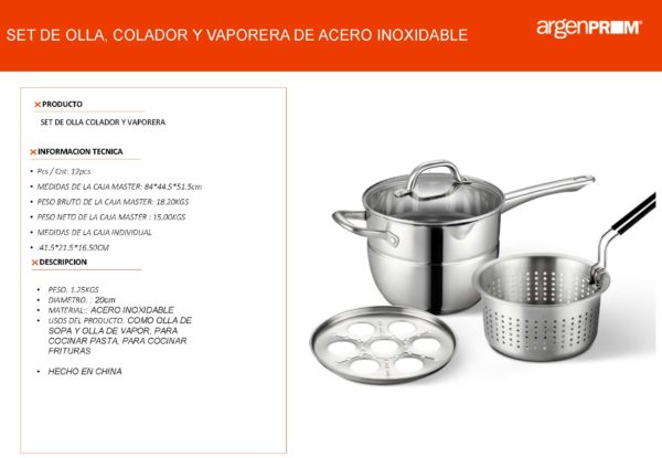 SET COLAPASTA DE ACERO INOXIDABLE (OLLA + COLADOR + VAPORIERA Y TAPA) - Image 2