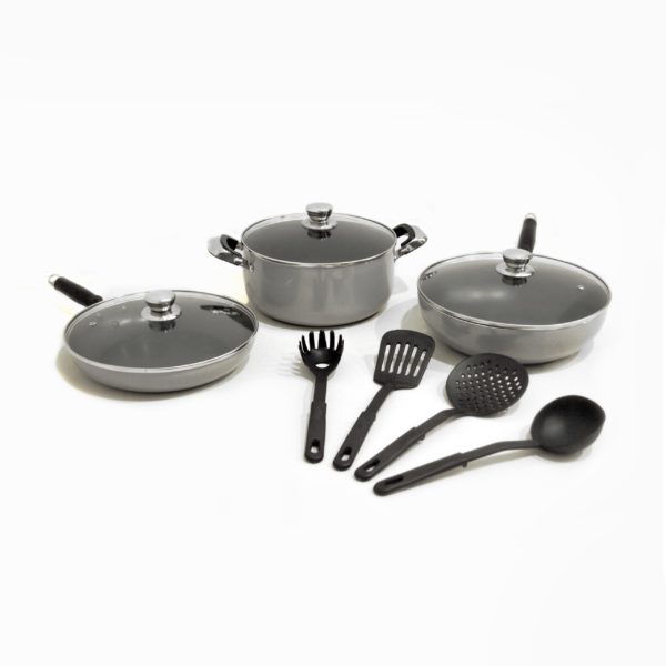 BATERIA DE COCINA POR 6 PIEZAS + SET DE UTENSILIOS DE NYLON POR 4 PIEZAS