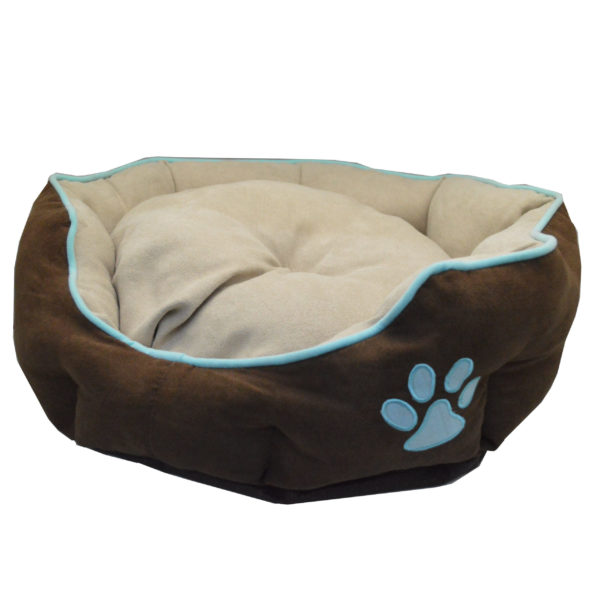 CAMA PARA MASCOTAS MARRON CON HUELLITA CELESTE