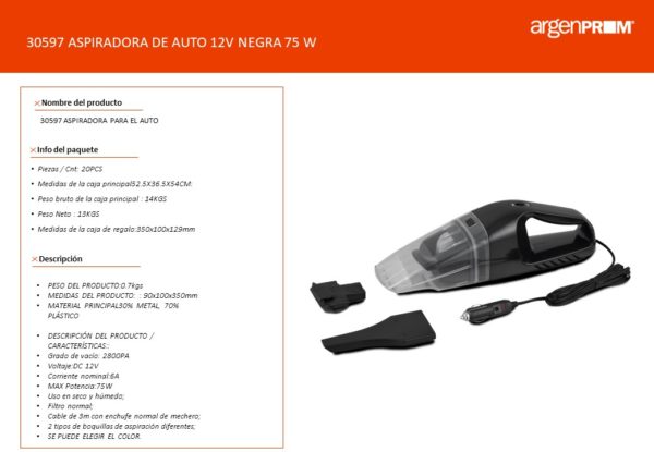 ASPIRADORA DE AUTO 12V NEGRA 75W - Image 2