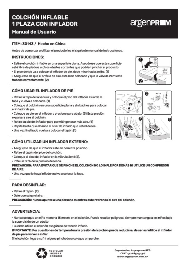 COLCHON INFLABLE CAMPING 1 PLAZA C/ INFLADOR INCOPORADO - Image 2