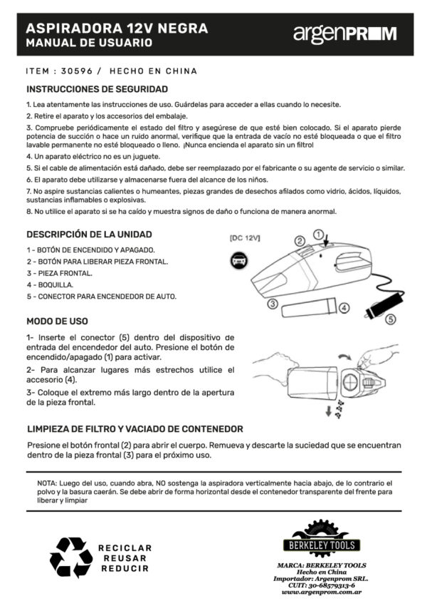 ASPIRADORA DE AUTO 12V NEGRA 60W - Image 3